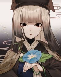 1girl absurdres amazakura black_eyes fate/grand_order fate_(series) fingernails flower gradient_background grey_hair hat highres japanese_clothes kimono morning_glory parted_lips sen_no_rikyu_(fate) sen_no_rikyu_(second_ascension)_(fate) smoke