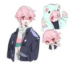1boy animal_hood chibi collared_shirt fang hair_between_eyes hood jacket long_sleeves male_focus multiple_views open_clothes open_mouth original pink_hair qyzhiaiyisheng red_eyes shirt short_hair simple_background sketch smile v