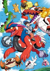 1boy absurdres arboliva armarouge brown_hair cetitan cloud day donphan falling_leaves florian_(pokemon) gen_2_pokemon grass hat highres klawf koraidon leaf male_focus mixed-language_commentary necktie nintendo orange_necktie orange_pants outdoors pants pawmo pokemon pokemon_(creature) pokemon_sv riding riding_pokemon school_uniform seb shirt shoes short_hair sitting skeledirge sky tinkaton white_hat