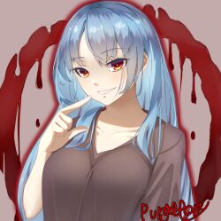 1girl blood blue_hair copyright_name degtyaryov2952 dress enri_louvre grey_dress long_hair naraku naraku_1 red_eyes smile solo upper_body