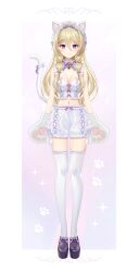 Rule 34 | 1girl, absurdres, animal ears, animal hands, bare shoulders, bell, black shoes, blonde hair, bow, breasts, busou kanojo, cat ears, cat girl, cat tail, cleavage, closed mouth, commentary request, crop top, frilled shorts, frilled thighhighs, frills, full body, gloves, gradient background, hair between eyes, hair ornament, hairclip, highres, hoshina reki, jingle bell, loafers, long hair, looking at viewer, medium breasts, midriff, myusha, navel, neck bell, paw gloves, purple background, purple bow, purple eyes, shoes, short shorts, shorts, smile, solo, standing, tail, thighhighs, very long hair, virtual youtuber, white background, white gloves, white shorts, white thighhighs