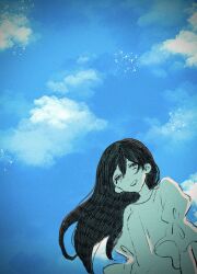 1girl black_hair blue_sky closed_eyes cloud colored_skin day double-parted_bangs dress highres long_hair mari_(omori) mari_(spirit)_(omori) mkn364 omori open_mouth short_sleeves sky smile solo white_dress white_skin