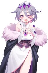1girl :d absurdres aotake_iro bare_shoulders black_cloak blush breasts cloak colored_inner_hair commentary corset detached_collar dress elbow_gloves english_commentary fur-trimmed_cloak fur_trim gem gloves gradient_hair grey_hair hair_between_eyes hair_flaps hand_on_own_face hands_up headpiece highres hololive hololive_english large_breasts long_dress long_hair long_hair_between_eyes looking_at_viewer momseki_(koseki_bijou) multicolored_hair off_shoulder open_mouth pink_hair purple_corset purple_gemstone purple_hair shore short_hair side_slit simple_background sleeveless sleeveless_dress smile solo straight-on strapless strapless_dress transparent_background underbust virtual_youtuber white_dress white_gloves