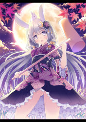 1girl animal animal_ears animal_on_head autumn_leaves bad_id bad_pixiv_id bell blush breasts commentary_request cowboy_shot female_focus flower frills full_moon grey_eyes grey_hair hair_bell hair_flower hair_ornament hammer head_tilt holding hoshino_koucha japanese_clothes kimono kine leaf letterboxed long_hair looking_at_viewer mallet maple_leaf medium_breasts moon moon_(ornament) night night_sky on_head open_mouth original panties pantyshot rabbit rabbit_ears rabbit_on_head red_flower seigaiha sky solo standing underwear very_long_hair white_panties wide_sleeves