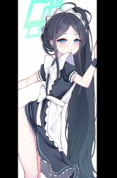 Rule 34 | 1girl, absurdly long hair, absurdres, apron, aris (blue archive), aris (maid) (blue archive), bare legs, black dress, black hair, blue archive, blue eyes, clothes lift, clover dot (clov erd), dress, frilled apron, frills, green halo, halo, highres, leaning forward, long hair, looking at viewer, maid, maid apron, maid headdress, official alternate costume, ponytail, puffy short sleeves, puffy sleeves, rectangular halo, short sleeves, skirt, skirt lift, thighs, very long hair, white apron