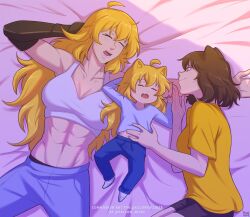 Rule 34 | 3girls, abs, ahoge, animal ears, baby, bed, black hair, blake belladonna, blonde hair, breasts, cat ears, commission, crop top, hair between eyes, highres, if they mated, mechanical arms, midriff, multiple girls, muscular, muscular female, navel, open mouth, original, pants, rwby, shirt, short hair, signature, single mechanical arm, sleeping, twitter username, yang xiao long, yellow eyes, yellow nicky, yellow shirt, yuri
