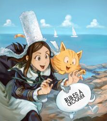 Rule 34 | 1girl, 1other, blue eyes, boat, brown hair, carrot (pepper&amp;carrot), cat, chasing, cloud, david revoy, green ribbon, hair behind ear, hat, highres, long sleeves, medium hair, neck ribbon, ocean, open mouth, orange cat, outdoors, parted hair, pepper&amp;carrot, pepper (pepper&amp;carrot), ribbon, rock, sailboat, sidelocks, skirt, sky, teeth, upper teeth only, watercraft, white hat