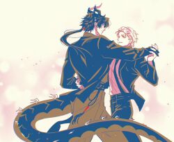 Rule 34 | 2boys, arknights, chongyue (arknights), closed mouth, collared jacket, commentary request, cowboy shot, dancing, doctor (arknights), dragon boy, dragon horns, dragon tail, earrings, floating hair, formal clothes, grin, hand up, hands up, highres, horns, jacket, jewelry, korean commentary, long hair, long sleeves, long tail, looking at another, low ponytail, male doctor (arknights), male focus, multiple boys, necktie, nills, pink background, pointy ears, ponytail, shirt, short hair, smile, suit, tail, yaoi, yellow background