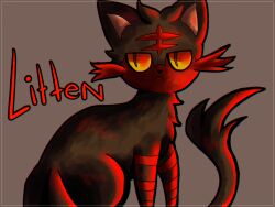 black_fur cat character_name gen_7_pokemon grey_background highres litten looking_to_the_side nintendo no_humans pokemon pokemon_(creature) red_fur shadnoir simple_background slit_pupils solo two-tone_fur yellow_eyes