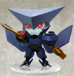 Rule 34 | 1boy, arm blade, arm cannon, blue skin, brigadoon, bright pupils, chibi, chibi only, closed mouth, colored skin, fake photograph, faux figurine, full body, grey background, male focus, melan blue, nendoroid, red eyes, solo, weapon, white pupils, yuza