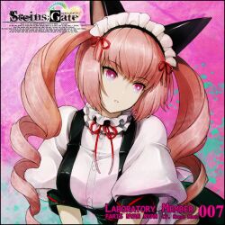 akiha_rumiho animal_ear_hairband animal_ears apron arm_support back_bow black_skirt bow buttons cat_ears collar dress drill_hair fake_animal_ears frilled_collar frilled_dress frilled_hairband frills hair_between_eyes hairband huke long_hair long_skirt looking_to_the_side maid maid_apron maid_headdress mayqueen_maid_uniform official_art parted_lips pink_eyes pink_hair pink_lips puffy_short_sleeves puffy_sleeves red_ribbon ribbon ribbon-trimmed_collar ribbon-trimmed_corset ribbon-trimmed_hairband ribbon-trimmed_sleeves ribbon_trim ringed_eyes science_adventure shiny_lips short_sleeves skirt square_pupils steins;gate teeth tsurime twin_drills twintails v_arms white_apron white_bow white_dress wrist_cuffs