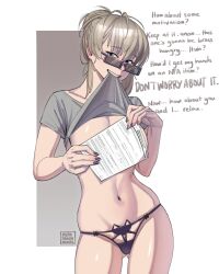 1girl absurdres artist_name black_nails black_panties blonde_hair blue_eyes brown_background clenched_teeth clothes_lift collarbone commentary contrapposto english_commentary english_text green_shirt heart highres holding holding_paper job_application_form_(meme) lifting_own_clothes looking_at_viewer medium_hair meme navel original panties paper puto_trash rectangular_eyewear shirt shirt_lift simple_background smile solo stomach sweatdrop teeth two-tone_background underwear white_background
