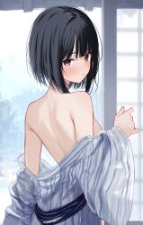 1girl absurdres back black_hair blunt_bangs blush bob_cut_girl_(memekko) breasts brown_eyes closed_mouth commentary_request from_behind highres japanese_clothes kimono kimono_pull looking_at_viewer looking_back medium_hair memekko navel original revision small_breasts solo striped_clothes striped_kimono vertical-striped_clothes vertical-striped_kimono white_kimono yukata