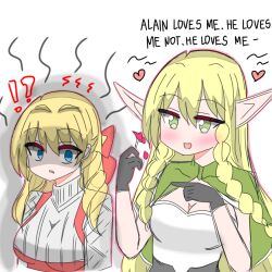 !? 2girls black_gloves blonde_hair blue_eyes blush bow braid capelet dress drill_hair elf eltolinde_(unicorn_overlord) english_text flower gloves green_capelet green_eyes hair_between_eyes hair_bow heart holding holding_flower long_hair looking_at_another multiple_girls pointy_ears red_bow red_dress red_flower reign_(user_pgfa7472) ribbed_sweater scarlett_(unicorn_overlord) shaded_face simple_background sweater turtleneck turtleneck_sweater twin_braids twin_drills unicorn_overlord white_background white_sweater