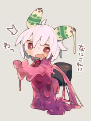 1girl ^^^ ahoge blush bright_pupils chuno_(poym) commentary covered_in_slime drooling full_body grey_background highres kneeling leucochloridium_paradoxum mouth_drool nervous_sweating original red_eyes simple_background slime_(substance) slimy snail_girl snail_shell solo surprised sweat symbol-only_commentary translated trapped white_hair white_pupils wide-eyed