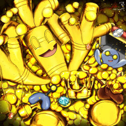 :d aqua_gemstone arms_up brown_bag coin commentary_request crown evolutionary_line fang gem gholdengo gimmighoul gimmighoul_(chest) gold_coin gold_crown gold_skin highres jewelry metal_skin necklace nintendo no_humans numeito open_mouth pokemon pokemon_(creature) pokemon_focus red_gemstone signature skin_fang smile sparkle unworn_crown yellow_eyes