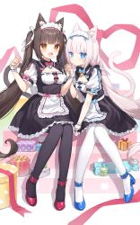 2girls :d absurdres animal_ear_fluff animal_ears apron bell black_dress black_pantyhose blue_bow blue_bowtie blue_eyes blue_shoes blunt_bangs bow bowtie box breasts brown_eyes brown_hair brown_tail cat_ears cat_girl chocola_(nekopara) cleavage_cutout closed_mouth clothing_cutout colored_eyelashes dress frilled_apron frilled_dress frills full_body gift gift_box hair_ribbon hand_up hands_up high_heels highres holding_hands jingle_bell knees_together_feet_apart light_blush long_hair looking_at_viewer low_twintails maid maid_headdress miyayoki multiple_girls neck_bell nekopara open_mouth pantyhose pink_bow pink_bowtie puffy_short_sleeves puffy_sleeves red_ribbon red_shoes ribbon shoes short_dress short_sleeves sidelocks sitting small_breasts smile straight_hair tail_raised twintails vanilla_(nekopara) very_long_hair white_apron white_hair white_pantyhose white_ribbon white_tail white_wrist_cuffs wrist_cuffs
