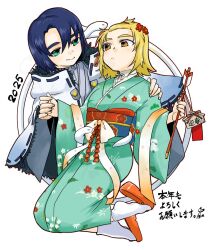 1boy 1girl 2025 arrow_(projectile) athrun_zala blonde_hair blue_hair blue_kimono cagalli_yula_athha couple flower geta green_eyes green_kimono gundam gundam_seed hair_flower hair_ornament hand_on_another&#039;s_shoulder highres holding holding_arrow holding_hands japanese_clothes kimono looking_at_another meyama_mamezou official_alternate_costume short_hair smile snake tabi white_background white_snake yellow_eyes