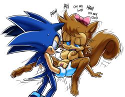 1boy 1girl :3 animal_ears animal_nose barefoot blue_eyes blue_fur blue_hair body_fur bow breasts brown_fur clitoral_hood clitoris completely_nude english_text eye_contact feet furry furry_female furry_male furry_with_furry gloves green_eyes grin hair_bow half-closed_eyes happy_sex held_up hetero interspecies long_hair looking_at_another medium_breasts moaning motion_lines nipples nude open_mouth pink_bow pussy pussy_juice rockthebull sally_acorn sex simple_background smile sonic_(series) sonic_the_comic sonic_the_hedgehog spiked_hair spread_legs squirrel_ears squirrel_girl squirrel_tail sweat tail talking tears teeth two-tone_fur uncensored uneven_eyes vaginal white_background white_gloves