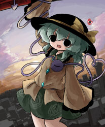 1girl black_eyes black_hat blouse bow buttons city cloud diamond_button eyeball frilled_shirt_collar frilled_sleeves frills green_hair green_skirt hanging hanging_on hat hat_bow hat_ribbon heart heart_of_string heripantomorrow komeiji_koishi long_sleeves looking_at_viewer open_mouth ribbon shirt skirt solo sun third_eye touhou wide_sleeves yellow_bow yellow_ribbon yellow_shirt