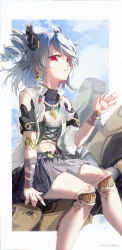 1girl absurdres android bare_shoulders blue_sky chinese_commentary cloud cloudy_sky commentary doll_joints drill_hair earrings grey_hair grey_skirt highres honkai_(series) honkai_impact_3rd jewelry joints medium_hair miyoushe_watermark navel outdoors prometheus_(honkai_impact) red_eyes robot_joints sitting skirt sky smile solo twin_drills two_side_up watermark xiaoyun_z