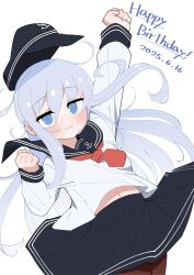 1girl anchor_symbol birthday black_hat black_sailor_collar black_skirt blue_eyes blush brown_pantyhose clenched_hands commentary dated grey_hair happy_birthday hat hibiki_(kancolle) highres kafe_ore kantai_collection long_hair long_sleeves looking_at_viewer navel neckerchief pantyhose pleated_skirt red_neckerchief sailor_collar school_uniform serafuku signature simple_background skirt solo symbol-only_commentary white_background