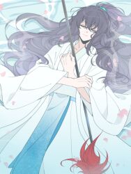 1boy absurdres black_hair blue_background chinese_clothes closed_eyes full_body hanfu high_ponytail highres holding holding_weapon hong_lu_(project_moon) limbus_company long_hair looking_at_viewer lying male_focus official_alternate_costume on_back ponytail project_moon simple_background solo tachibana_limbu very_long_hair water weapon white_hanfu