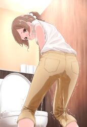 1girl ass bathroom blush breasts brown_eyes brown_hair embarrassed failure female_focus from_behind hair_ornament hair_scrunchie have_to_pee indoors leaning_forward looking_down nose_blush open_mouth original pants pantylines parted_bangs pee peeing peeing_self pocket ponytail raised_eyebrows scrunchie shirt shirt_tucked_in short_hair short_sleeves sidelocks small_breasts solo standing tears toilet toilet_paper trembling urabe_miyabi wet_pants white_scrunchie white_shirt yellow_pants