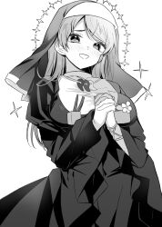 1girl alternate_costume blush breasts dress greyscale haniyasushin_keiki highres interlocked_fingers jewelry large_breasts long_hair long_sleeves looking_at_viewer magatama magatama_necklace meimei_(meimei89008309) monochrome necklace nun open_mouth own_hands_together simple_background smile solo touhou white_background wide_sleeves