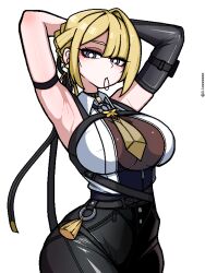 1girl armpits arms_behind_head arms_up black_pants blonde_hair breasts collared_shirt commentary_request evelyn_chevalier hair_tie_in_mouth high-waist_pants jaggy_lines ji_heeeeeee korean_commentary large_breasts looking_at_viewer mouth_hold pants purple_eyes shirt simple_background sleeveless sleeveless_shirt solo tassel twitter_username tying_hair white_background white_shirt zenless_zone_zero