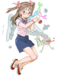 1girl blue_skirt bow bowtie bracelet brown_eyes brown_hair feathered_wings frog glasses hamos2 jewelry original pink_bow red_shoes ring semi-rimless_eyewear shirt shoes short_sleeves skirt solo striped_bow striped_bowtie striped_clothes two_side_up white_background white_shirt white_wings wings