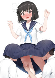 Rule 34 | 1girl, 2boys, absurdres, averting eyes, black eyes, black hair, blue neckerchief, blue sailor collar, blue skirt, blush, bob cut, clothes lift, curled fingers, embarrassed, hands up, head under another&#039;s clothes, head under skirt, highres, holding another&#039;s leg, multiple boys, neckerchief, nedia (nedia region), nose blush, open mouth, original, panties, pantyshot, pleated skirt, sailor collar, school uniform, serafuku, shirt, short hair, short sleeves, simple background, skirt, skirt lift, solo focus, standing, sweat, thighs, under another&#039;s clothes, underwear, upskirt, w arms, wavy mouth, white background, white panties, white serafuku, white shirt