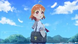 Rule 34 | 1girl, :o, absurdres, ahoge, bag, bag charm, blue sky, blush, bow, braid, breasts, charm (object), cloud, clover hair ornament, commentary request, cowboy shot, day, grey sailor collar, grey skirt, hair bow, hair ornament, highres, kyaku tasu, looking at viewer, looking back, love live!, love live! sunshine!!, medium breasts, neckerchief, open mouth, orange hair, outdoors, pleated skirt, red neckerchief, sailor collar, school bag, school uniform, serafuku, shirt, short hair, side braid, single braid, skirt, sky, solo, sparkle, standing, takami chika, tie clip, uranohoshi school uniform, watermark, white shirt, yellow bow