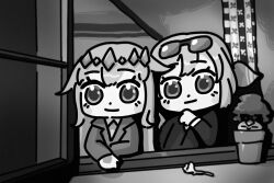 1other 2girls bing_huyue blush_stickers business_suit casablanca chibi commentary english_commentary flower formal_clothes gem_hair_ornament greyscale hair_flaps hand_jewel highres hololive hololive_english hololive_indonesia kaela_kovalskia koseki_bijou long_hair monochrome morocco multiple_girls necktie pebble_(koseki_bijou) plant potted_plant rose suit sunglasses virtual_youtuber window