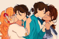 Rule 34 | 1boy, 2girls, blue jacket, blush, braid, brown hair, closed eyes, earrings, from side, glasses, hair ribbon, hairband, hand on another&#039;s face, hand on another&#039;s shoulder, hand on another&#039;s wrist, heart, heart earrings, hetero, highres, hoop earrings, jacket, jewelry, kiss, long hair, low ponytail, main character (our life), multiple girls, multiple views, nobi33ka, orange hair, our life, our life: now and forever, polyamory, ponytail, qiu lin (our life), ribbon, shirt, sweater, tamarack baumann, upper body, wavy hair, white shirt