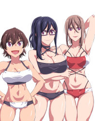 3girls akane_(hitomi-chan_wa_hitomishiri) arm_up bare_shoulders black_hair breasts brown_hair collarbone commentary crossed_arms delinquent freckles glasses hands_on_own_hips highres hitomi-chan_wa_hitomishiri large_breasts lips long_bangs long_hair long_neck midriff multiple_girls natsumi_chorisuke naughty_face navel official_art open_mouth pale_skin ponytail purple_eyes sakura_(hitomi-chan_wa_hitomishiri) shiny_skin shizuka_(hitomi-chan_wa_hitomishiri) short_hair simple_background swimsuit thighs toned two-tone_one-piece_swimsuit two-tone_swimsuit white_background