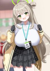 1girl :d absurdres black_gloves black_skirt blue_archive breasts brown_hair gloves green_eyes green_halo halo highres huge_breasts long_hair looking_at_viewer nonomi_(blue_archive) open_mouth shirt skirt smile solo uro_kohara white_shirt