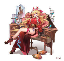 1girl blonde_hair brown_footwear brown_skirt brown_socks cacao_fruit commentary_request copyright_notice crossed_legs desk double-parted_bangs elizabeth_(ta_ga_tame_no_alchemist) flask full_body gloves highres holding holding_test_tube laboratory_glassware long_hair long_skirt long_sleeves looking_at_viewer mortar_(bowl) official_alternate_costume official_art on_chair partially_fingerless_gloves pestle platform_footwear purple_eyes red_shirt round-bottom_flask second-party_source shirt side_slit simple_background sitting skirt socks solo ta_ga_tame_no_alchemist temoshi test_tube test_tube_rack thigh_strap