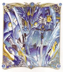 1990s_(style) 1girl ceres ceres_(rayearth) clamp dragon magic_knight_rayearth mashin mecha retro_artstyle robot ryuuzaki_umi size_difference sword water weapon