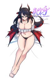 1girl bare_shoulders barefoot black_hair black_horns black_panties black_tail black_wings blue_eyes blush breasts cleavage dragon_girl dragon_horns dragon_tail dragon_wings duel_monster full_body highres horns house_dragonmaid long_hair panties red_horns red_tail red_wings semi-rimless_eyewear sitting smile solo tail tokiwajing two-tone_hoodie two-tone_tail under-rim_eyewear underwear wings yu-gi-oh!