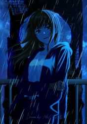 1girl artist_name black_hair breasts chainsaw_man elbow_gloves gloves highres long_hair looking_at_viewer mccheese mitaka_asa outdoors rain shirt sleeveless solo water_drop wet wet_clothes wet_hair white_shirt