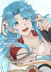 1girl :d absurdres animal animal_on_hand bare_shoulders blue_background blue_hair breasts cleavage fangs glasses green_eyes hand_up highres hissabeth jacket long_hair looking_at_animal looking_to_the_side nose_bubble open_mouth parted_bangs ratanan reverse:1999 scales sleeping slit_pupils smile snake snake_on_head solo spaghetti_strap upper_body watermark white_jacket