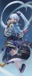 1girl absurdres aqua_eyes aqua_hair aqua_jacket armored_skirt ayaka_(genshin_impact) blunt_bangs blunt_sidelocks bridal_gauntlets cryo_symbol_(genshin_impact) fan_to_mouth foot_out_of_frame from_behind genshin_impact hair_ornament hand_fan highres holding holding_fan jacket long_hair long_sleeves looking_at_viewer looking_back ponytail sandals sidelocks socks solo vision_(genshin_impact) volar_uwu white_socks