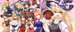 &gt;_&lt; 1boy 6+girls absurdres ak-47 alice_margatroid ascot assault_rifle black_gloves black_headwear black_skirt black_vest blazer blonde_hair blue_bow blue_dress blue_hair blue_vest bois_de_justice bow braid breasts brown_hair brown_headwear buttons capelet chinese_commentary cigarette cirno cirno_(cookie) cleavage cleavage_cutout closed_mouth clothing_cutout collared_shirt commentary_request cookie_(touhou) cowboy_shot daiyousei detached_sleeves dies_irae diyusi_(cookie) dress fish flat_chest folding_fan food fox_mask frilled_bow frilled_hair_tubes frilled_hairband frilled_hat frilled_necktie frilled_sash frilled_shirt_collar frills frown fruit gloves green_eyes green_hair grin gun hair_bow hair_ribbon hair_tubes hairband hakama hakama_skirt hakurei_reimu hand_fan hat hat_bow hat_ornament hazuna_rio headset highres hinase_(cookie) holding holding_fan holding_gun holding_microphone holding_pen holding_wand holding_weapon inabahitomi jacket japanese_clothes kalashnikov_rifle kirisame_marisa large_breasts long_bangs long_hair looking_at_viewer m/ mandarin_orange mars_(cookie) mask mask_on_head messy_hair microphone mini_person minigirl multiple_girls nadeko_(cookie) neck_ribbon necktie one_eye_closed open_mouth orange_(fruit) orange_scarf outstretched_arms parted_bangs patchouli_knowledge pen pink_background pink_bow pink_hairband pink_necktie pink_sash polka_dot polka_dot_background ponytail puffy_short_sleeves puffy_sleeves purple_hair red_ascot red_bow red_dress red_eyes red_hakama red_ribbon red_scarf red_shirt red_skirt red_star rei_(cookie) ribbon ribbon-trimmed_sleeves ribbon_trim rifle rumia sakenomi_(cookie) sananana_(cookie) sash scarf shinza_bansho_series shirt short_hair short_sleeves sidelocks single_braid skirt skirt_set sleeveless sleeveless_dress sleeveless_shirt small_breasts smile smoking spread_arms star_(symbol) star_hat_ornament striped_clothes striped_scarf sweatdrop taisa_(cookie) touhou triangle_mouth turtleneck upper_body uzuki_(cookie) v v-shaped_eyebrows vest wand weapon white_bow white_capelet white_eyes white_shirt white_sleeves wide_sleeves witch_hat yellow_ascot yellow_bow yellow_eyes yellow_scarf yin_yang
