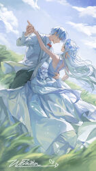 1boy 1girl absurdres alternate_costume alternate_hairstyle arm_around_back artist_name bare_arms blue_flower blue_sky bow bowtie bride brown_pants closed_eyes closed_mouth cloud collared_shirt commentary_request couple day dress dress_shirt dutch_angle earrings elf eye_contact floating_earrings floating_hair flower frieren full_body grass groom hair_down happy head_wreath hetero highres himmel_(sousou_no_frieren) holding_hands interlocked_fingers jacket jewelry light_particles long_hair long_sleeves looking_at_another outdoors outstretched_arms pants pointy_ears red_bow red_bowtie shirt signature sky sleeveless sleeveless_dress sousou_no_frieren standing suit_jacket sunlight teardrop_earrings tree tuxedo watermark wedding wedding_dress white_dress white_flower white_hair white_jacket white_shirt wistariaiai