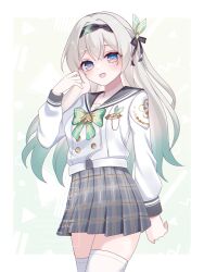 1girl black_ribbon black_sailor_collar blue_eyes blue_pupils character_name cowboy_shot firefly_(honkai:_star_rail) green_hair grey_hair grey_skirt hair_ribbon highres honkai:_star_rail honkai_(series) jacket kino_(curry_pan) looking_at_viewer multicolored_hair open_mouth purple_eyes ribbon sailor_collar simple_background skirt smile solo thighhighs two-tone_hair watermark white_background white_jacket white_thighhighs