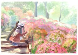 Rule 34 | 1girl, black eyes, blue shoes, blunt bangs, brown shirt, bush, dappled sunlight, day, fedora, flower, forest, hat, highres, instrument case, instrument on back, jacket, kumagaya nono, landscape, legs together, long hair, long sleeves, looking down, nature, off shoulder, open clothes, open jacket, original, outdoors, pink flower, profile, red jacket, rope fence, scenery, shirt, shoes, sidelocks, sleeveless, sleeveless shirt, sleeves past wrists, solo, squatting, straight hair, sunlight, tree, white hat, white shirt