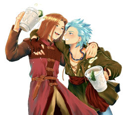 2boys :d alcohol arm_around_shoulder bead_necklace beads blue_eyes blue_pants brown_gloves brown_hair camus_(dq11) collarbone commentary_request couple cowboy_shot cup dragon_quest dragon_quest_xi earrings fingerless_gloves food fruit gloves green_pants grin hand_tattoo hero_(dq11) highres holding holding_cup jacket jewelry lime_(fruit) lime_slice looking_at_another male_focus medium_hair multiple_boys necklace open_mouth pants parted_hair profile purple_jacket red_sash sash short_hair smile spiked_hair tattoo tunic user_muvx7483 white_background yaoi