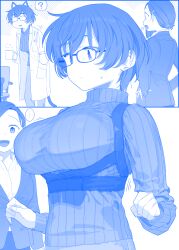 ... 2girls ? animal_ears blue_theme bouncing_breasts breasts cat_ears cat_tail chair chest_harness coffee_mug collared_shirt commentary cup getsuyoubi_no_tawawa glasses hair_ornament hairclip hand_in_pocket hands_on_own_hips harness highres himura_kiseki holding holding_cup hunched_over jacket kouhai-chan_(tawawa) lab_coat long_sleeves medium_hair monochrome motion_lines mug multiple_girls office_lady open_mouth pants puff_of_air ribbed_sweater rikei-chan_(tawawa) shirt short_hair speech_bubble spoken_ellipsis spoken_question_mark suit_jacket sweatdrop sweater tail turtleneck turtleneck_sweater