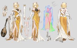 Rule 34 | 1girl, absurdres, aglaea (honkai: star rail), alternate costume, backless dress, backless outfit, bare shoulders, blonde hair, bow (music), breasts, bridal gauntlets, closed mouth, concept art, detached sleeves, dress, flower, full body, grape (grapedraws), green eyes, hair flower, hair ornament, halter dress, halterneck, high heels, highres, honkai: star rail, honkai (series), jewelry, laurel crown, medium hair, multiple views, side slit, solo, standing, yellow dress